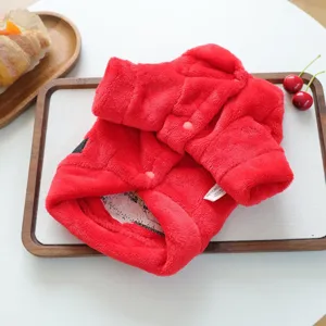 Red plush pet coat for small dogs puppies, cute winter warm fleece dog clothes with buttons.