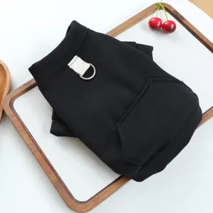 Detailed shot of a black small dog pet hoodie featuring a D-ring leash attachment and pocket.