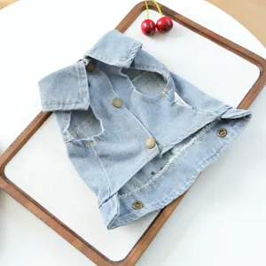 Cute denim pet vest for small dogs, stylish lapel design, comfortable daily wear dog clothes.