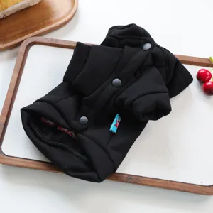 Black pet hoodie for small dogs, comfortable hooded dog clothes with snap buttons detail.