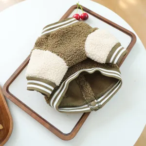 Cozy fleece pet baseball jacket for autumn and winter, warm brown and white design with striped ribbed trim.