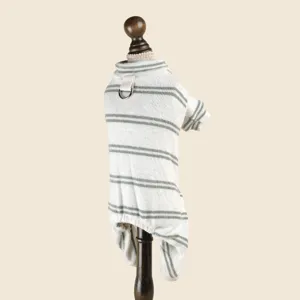 Soft knit striped pet jumpsuit with D-ring detail for small dogs and cats cozy daily wear.