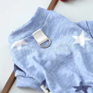 Blue pet clothes detail soft loungewear with star print and metal D-ring for cute dogs.