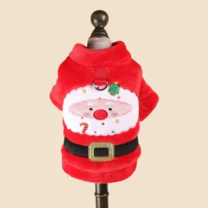 Pet Christmas plush coat detail, cute Santa embroidery and soft red fleece fabric.