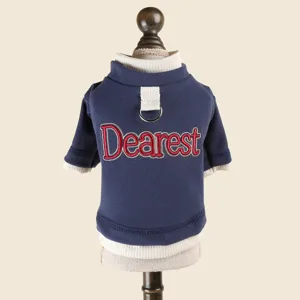 Leuk honden t-shirt met D-ring riem bevestiging en Dearest borduursel, blauwe huisdierenkleding.