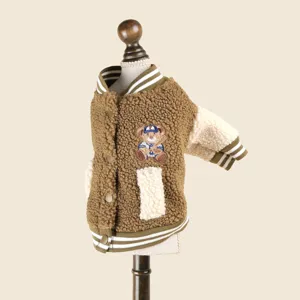 Cozy pet fleece baseball jacket featuring cute bear embroidery and striped ribbed trim.