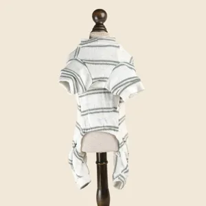 Detailed view of striped pet four-legged sweater, soft knit fabric for cozy pet daily wear.
