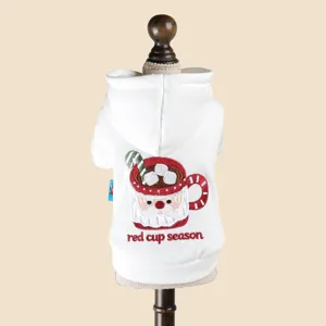 Cute Christmas pet dog hoodie with Santa red cup embroidery design, warm and comfortable.