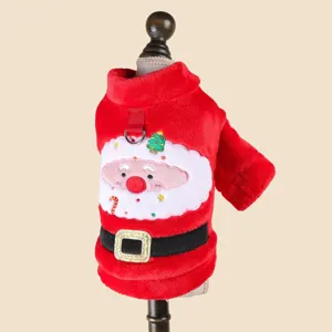 Red plush pet Christmas coat for small dogs, cute Santa Claus graphic, warm puppy winter apparel.