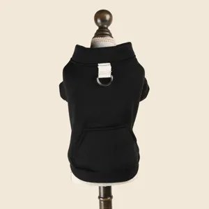 Black pet dog hoodie with leash ring and pocket, comfortable warm clothes for small dogs autumn.