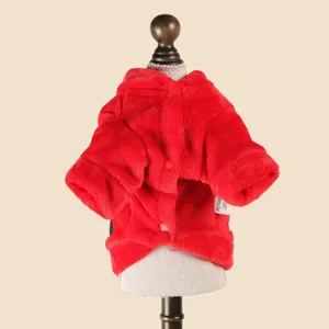Red plush pet hoodie coat for small dogs and puppies, warm winter Christmas dog apparel.