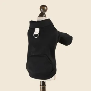 Detailed close-up view of black pet hoodie for small dogs featuring D-ring and kangaroo pocket.