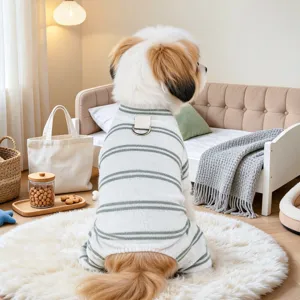 Cozy striped pet sweater for small dogs, soft knit winter warm apparel with leash ring.