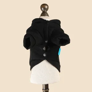 Black dog hoodie with buttons, comfortable pet apparel for small puppies and cats daily wear.