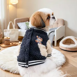 Detailed view of winter pet dog fleece baseball jacket in blue and beige with cute bear embroidery.
