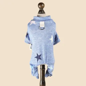 Blue pet pajamas with star print, cozy four-leg dog jumpsuit with leash ring for autumn wear.