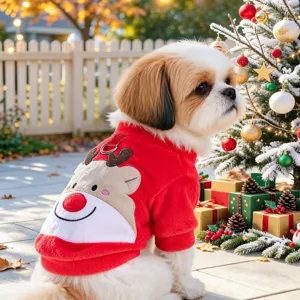 Detailed view of cute pet christmas plush clothes for small dogs with reindeer design.