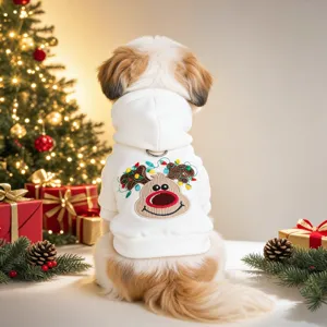 Cute dog christmas hoodie back detail featuring reindeer embroidery and festive atmosphere decor.