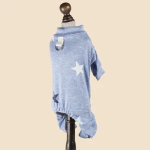 Blue knit pet jumpsuit with cute star patterns and back leash ring detail for small dogs.