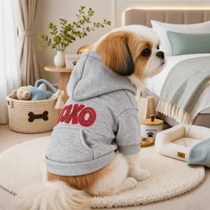 Grey pet dog hoodie with red sparkly letters, cute hooded pocket design for small puppy daily wear.