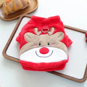 Cute plush reindeer pet clothes detail shot, soft red winter warm puppy coat with leash ring.