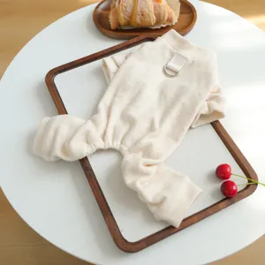 Beige cozy pet four-leg jumpsuit, soft knit dog clothes with metal D-ring for autumn winter.