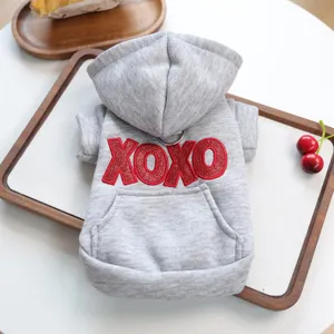 Grey pet hoodie for small dogs, cute hooded sweatshirt with red glitter XOXO embroidery.
