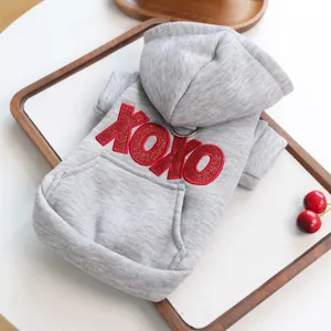 Grey pet dog hoodie with red XOXO glitter embroidery, cozy pocket and hood for small pets.