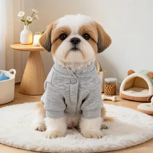 Grey knit cardigan sweater for small dogs, cute pet apparel for spring and autumn detail view.