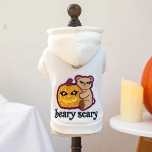 Joli sweat a capuche pour chien d'Halloween en blanc avec motif d'ours et de citrouille brode.
