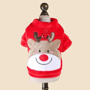 Red plush pet Christmas sweater with cute reindeer antlers design, warm puppy winter holiday coat.
