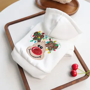 Cute white pet hoodie with christmas reindeer embroidery for small dogs puppy autumn wear.