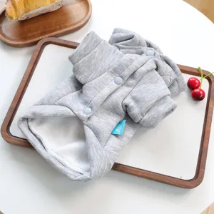 Grey fleece pet hoodie for small dogs, warm and cute winter dog clothes with button design.