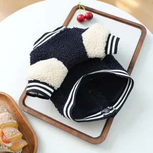 Cute winter pet fleece baseball jacket, dark blue with white plush sleeves for dogs and cats.