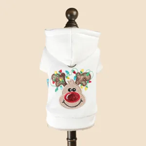 Close-up detail of the cute Christmas reindeer embroidery and festive lights on the pet hoodie.