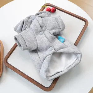 Gray fleece pet hoodie for small dogs, features snap buttons and cute attached hood.