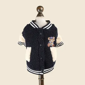 Cozy pet fleece baseball jacket for dogs and cats, warm winter pet apparel with bear embroidery.