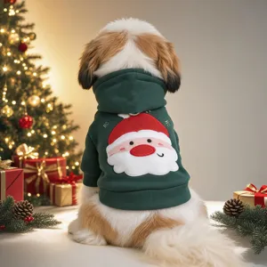Cute Christmas dog hoodie with Santa appliqué, festive green pet winter apparel for small dogs.