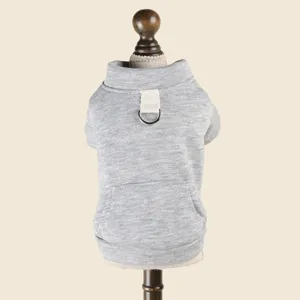 Detail shot of grey pet dog hoodie with traction D-ring pocket warm small puppy clothes