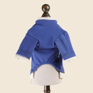 Blauwe en beige huisdier truifinetrail, hoge kraag gebreide stof voor kleine honden kleding.