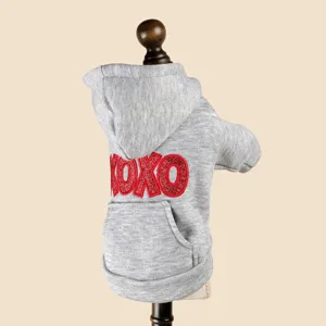 Grey dog hoodie detail, red glitter XOXO back print and front pocket for small pets.