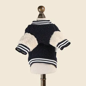 Pet dog fleece baseball jacket detail view, warm winter puppy coat with striped ribbed trim.