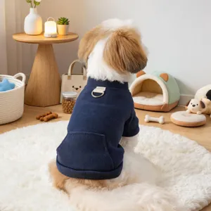 Cute small dog hoodie in dark blue with a d-ring and pocket, perfect for autumn warmth.
