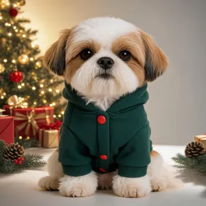 Cute small dog wearing a festive green holiday hoodie with red buttons in Christmas setting detail.