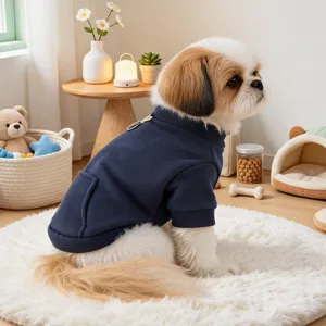 Detail view of the solid navy blue small dog hoodie featuring a convenient back pocket and leash ring.