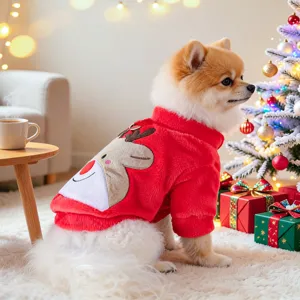 Festive Christmas pet fleece coat for small dogs and puppies with cute reindeer design.