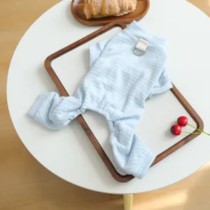 Light blue striped pet onesie with D-ring, comfortable four-leg puppy pajamas for autumn.