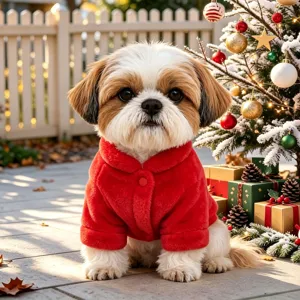 Cute plush Christmas dog coat for small puppies, red holiday festive pet apparel and costume.