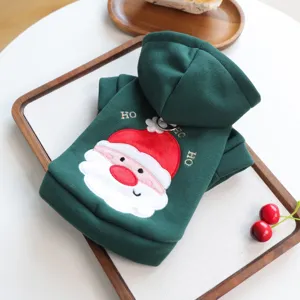 Green pet hoodie with cute Santa Claus embroidery and hood, perfect for Christmas time.