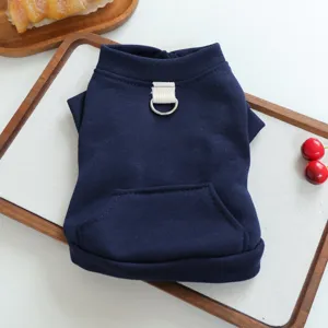 Detailed view of dark blue plain pet hoodie with D-ring and pocket for small dogs and puppies.